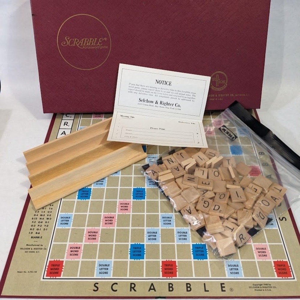 Vtg Scrabble Crossword Game Selchow & Righter Co Maroon Box Wooden Tiles Rack